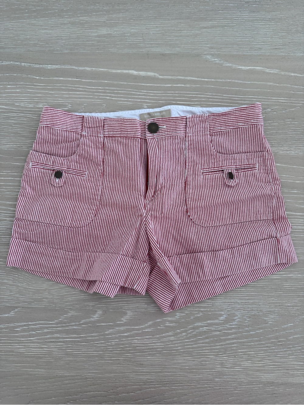 Banana Republic Red & White Striped Shorts with Brushed Metal Button